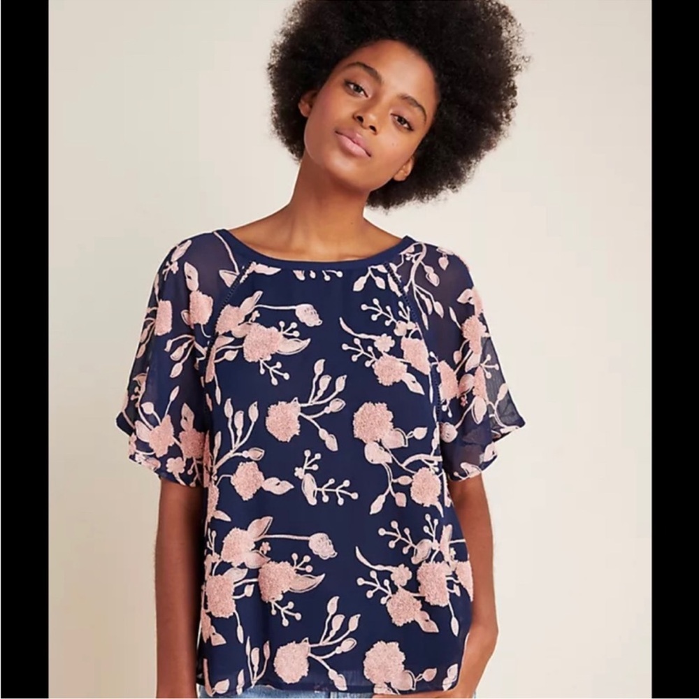 Antropologie Maeve Franca Pink Embroidered Textured Blouse in Navy, Size S